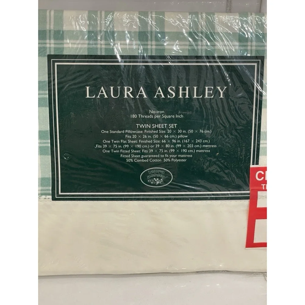 Vintage Laura Ashley Hampton Jade Plaid Twin‎ Flat & Pillow Sham Sheet New READ